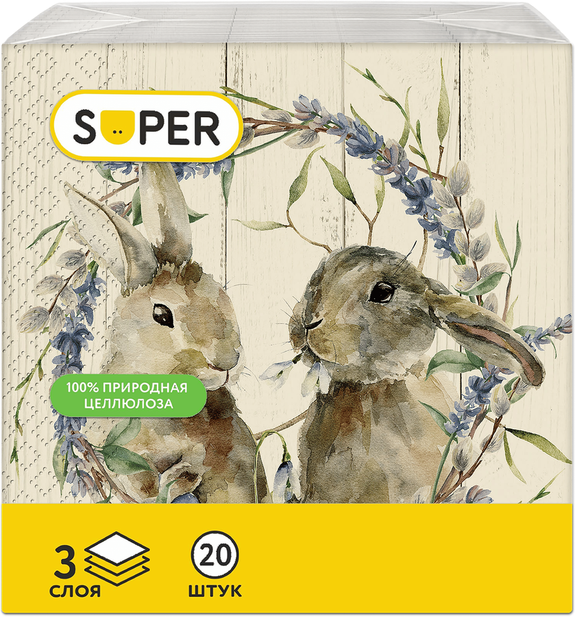 Салфетки бумажные SUPER Зайки 3-слоя, 33см, 20шт, превью