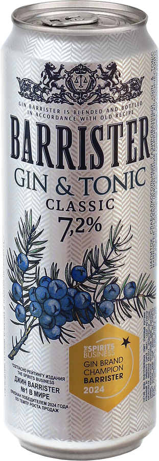 Напиток слабоалкогольный BARRISTER Gin&Tonic Classic газированный 7,2%, 0.45л, предпросмотр