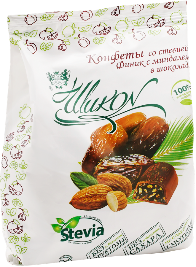 Конфеты ШИКОН Финик с миндалем в шоколаде, без сахара, 150г, превью