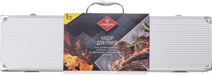 Набор для гриля FORESTER Pro 9 предметов, нож, лопатка, щипцы и 6 шампуров, в подарочном алюминиевом кейсе, Арт. BBQ-13Pro, превью