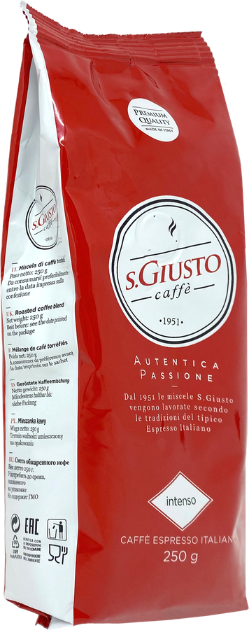 Кофе зерновой S.GIUSTO Intenso натуральный жареный с кофеином, 250г, превью