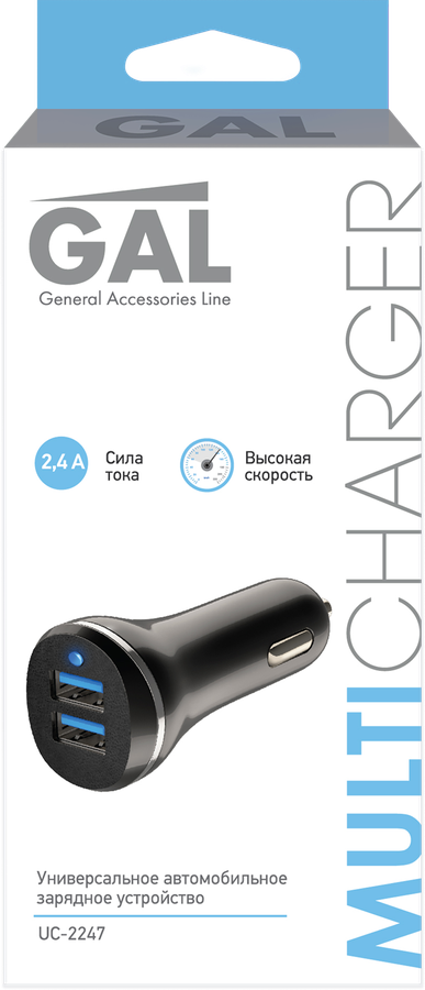 Устройство зарядное GAL суммарный ток – 2.4А разъемы: 2хUSB, черное, Арт. UC-2247, предпросмотр