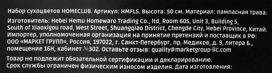 Набор сухоцветов HOMECLUB 50см, пампасная трава, Арт. HMFL5, предпросмотр