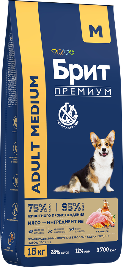 Корм сухой для взрослых собак BRIT Dog Adult Medium с курицей, 15кг, предпросмотр
