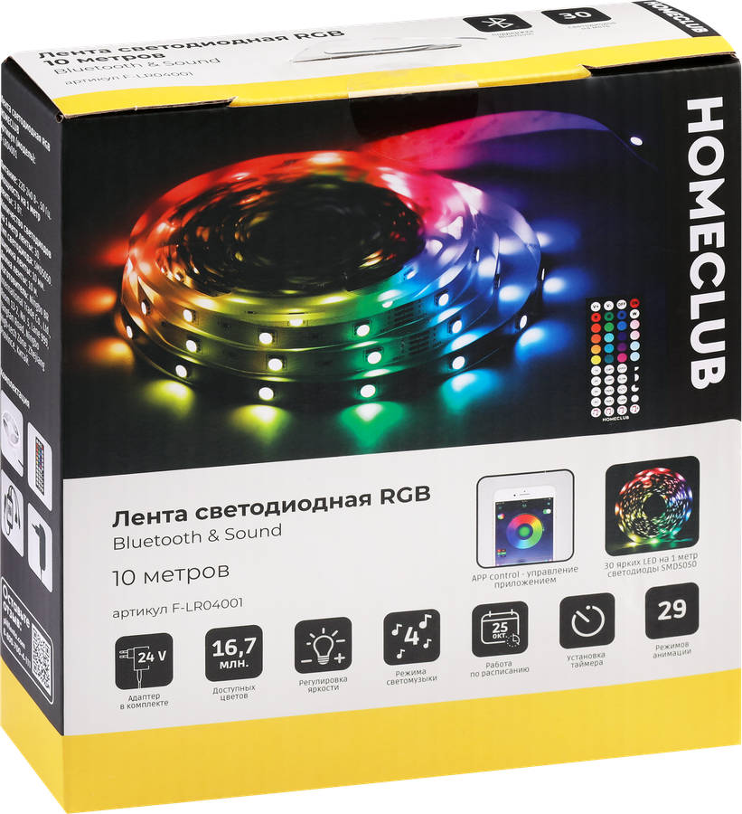 Лента светодиодная HOMECLUB RGB 10м, Bluetooth, 24Вт, IP20, 300 LED, Арт. F-LR04001, превью
