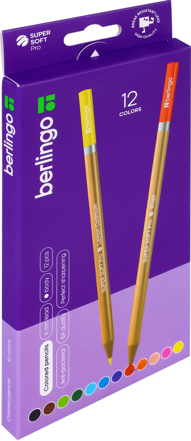 Карандаши цветные BERLINGO SuperSoft. Pro, 12 цветов, круглые, заточенные, предпросмотр