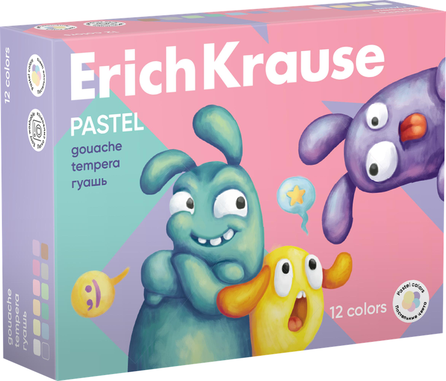 Гуашь ERICHKRAUSE Jolly Friends Pastel, 12 цветов по 20мл, предпросмотр