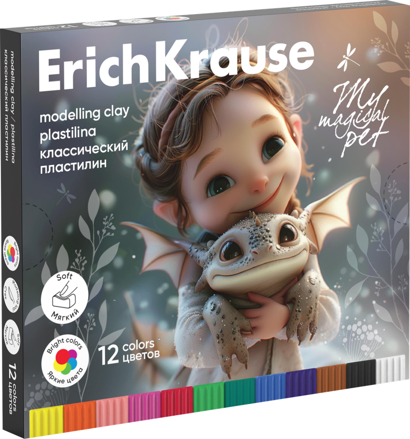 Пластилин ERICHKRAUSE Magic Pet, классический, 12 цветов со стеком, 180г, предпросмотр