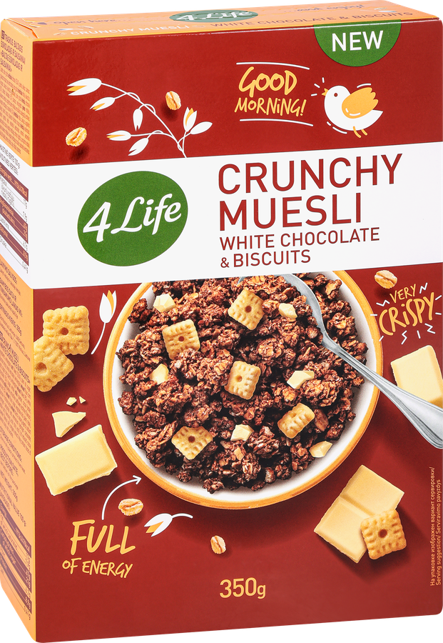 Мюсли хрустящие 4 LIFE с белым шоколадом и печеньем, 350г, предпросмотр
