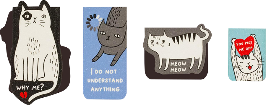 Закладки магнитные для книг MESHU Funny cat, ламинация с блестками, 4шт, превью