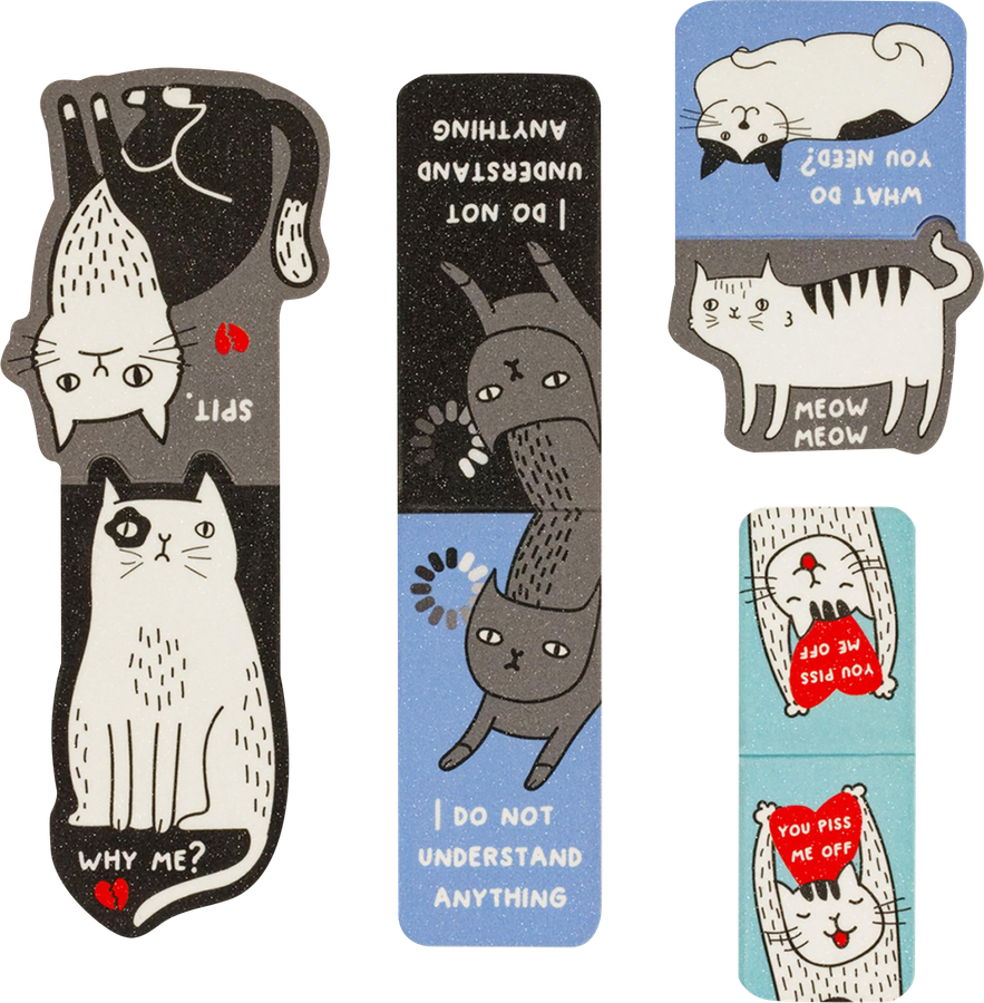 Закладки магнитные для книг MESHU Funny cat, ламинация с блестками, 4шт, предпросмотр