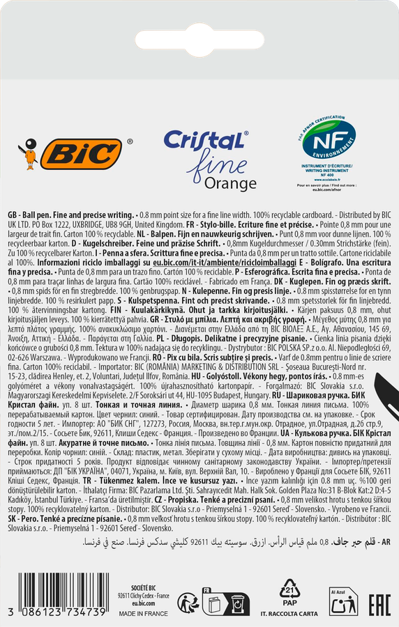 Набор шариковых ручек BIC Orange Fine, синий, 8шт, предпросмотр