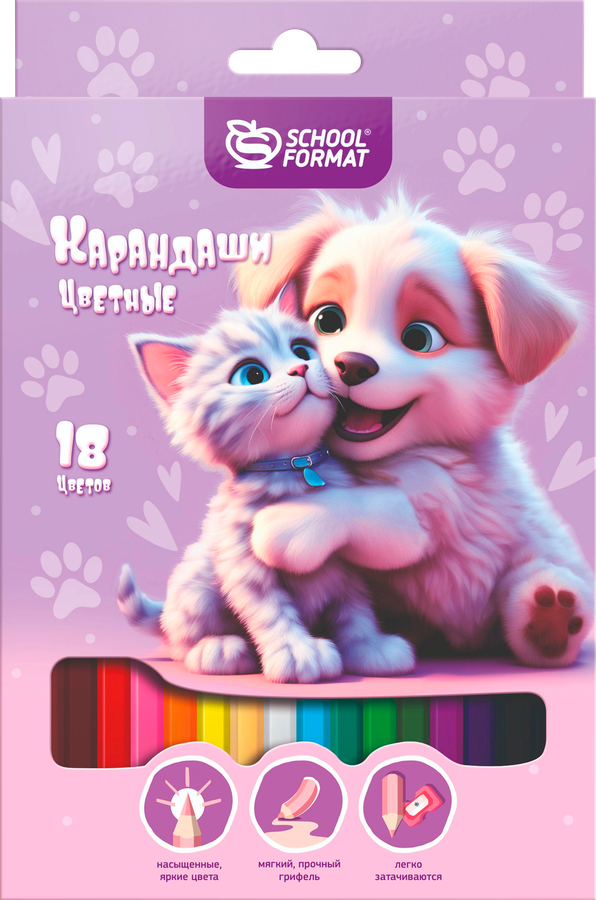 Карандаши цветные SCHOOLFORMAT Микс для девочек, 18 цветов, шестигранные, корпус деревянный, 18шт, превью
