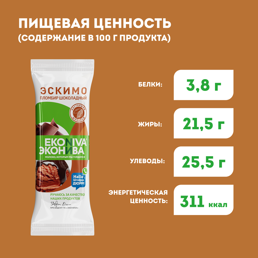 Мороженое ЭКОНИВА Пломбир шоколадный в шоколаде 12%, без змж, эскимо, 80г, предпросмотр