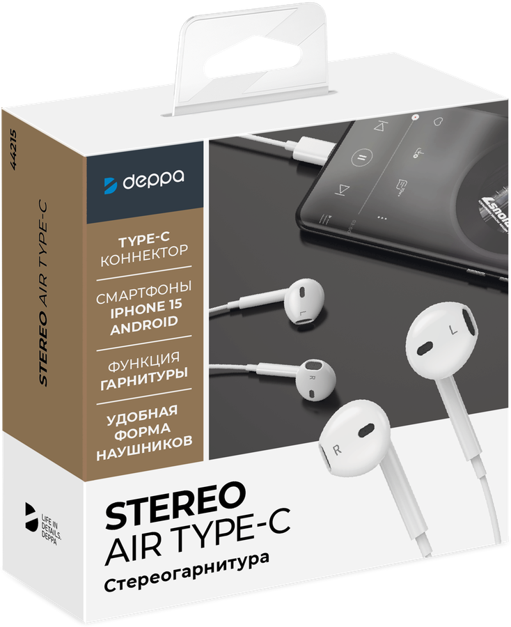 Стереогарнитура DEPPA Stereo Air Type-C, белый, Арт. 44215, превью