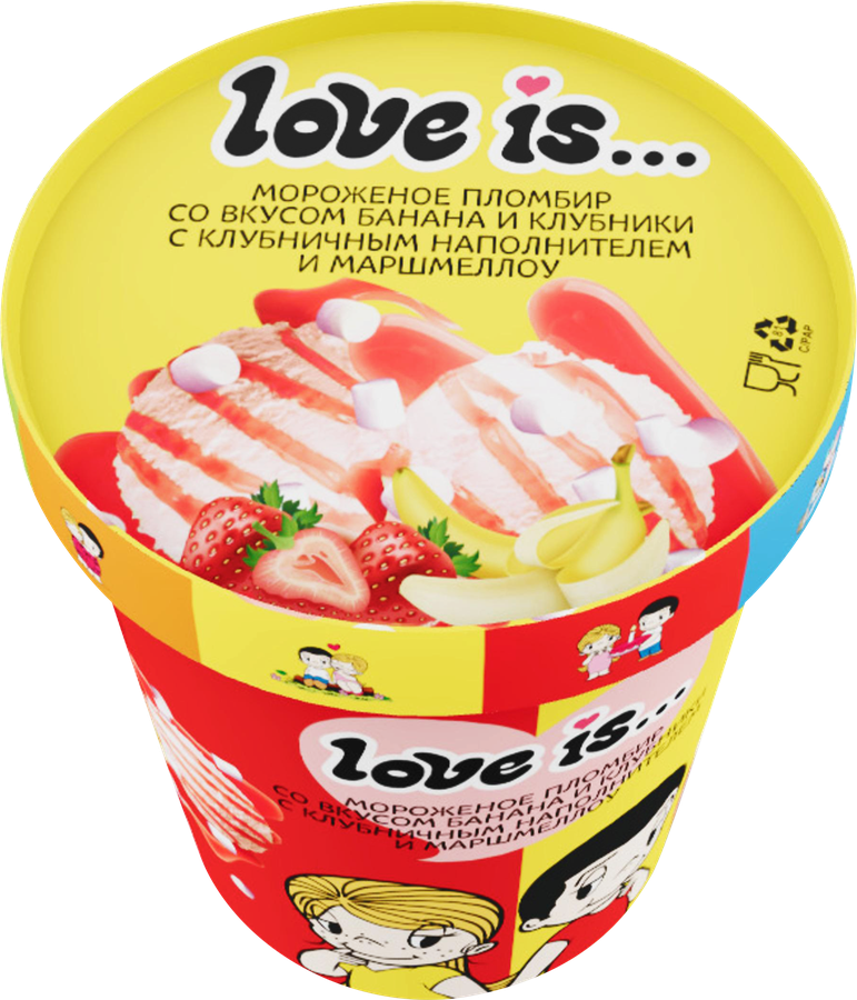 Мороженое LOVE IS Пломбир со вкусом банана и клубники с клубничным наполнителем и маршмеллоу 12%, без змж, картонный стакан, 270г, превью