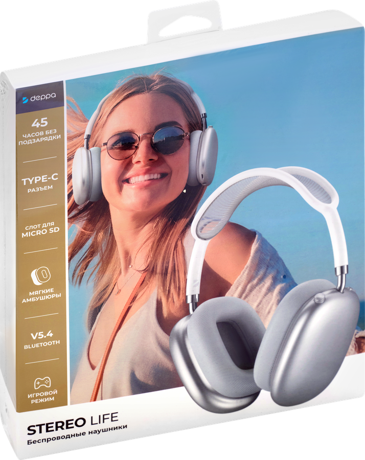 Наушники беспроводные накладные DEPPA Stereo Life, 5,4Вт, 350мАч, серебристый, Арт. 44305/44304, предпросмотр
