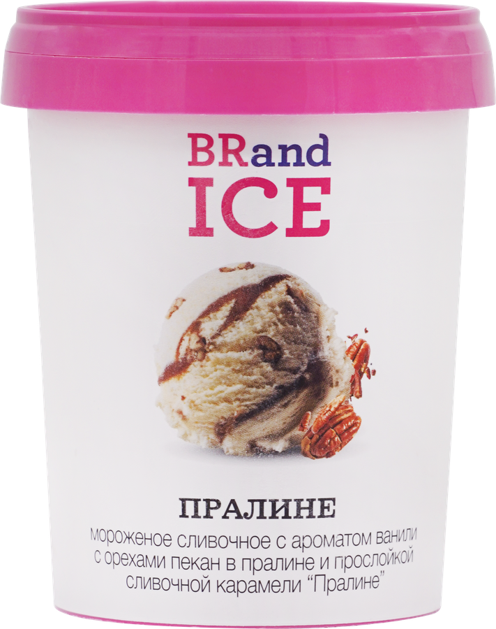 Мороженое BRAND ICE Пралине, сливочное ванильное с орехами пекан в глазури пралине и карамельной прослойкой 12%, без змж, пластиковый стакан, 300г, превью