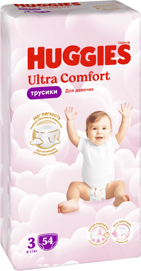 Подгузники-трусики для девочек HUGGIES Ultra Comfort 3 6–11кг, 54шт, предпросмотр