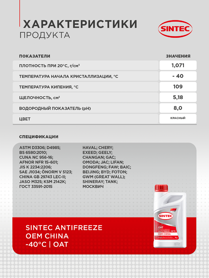 Антифриз SINTEC Oem China OAT red до -40, 1кг, предпросмотр
