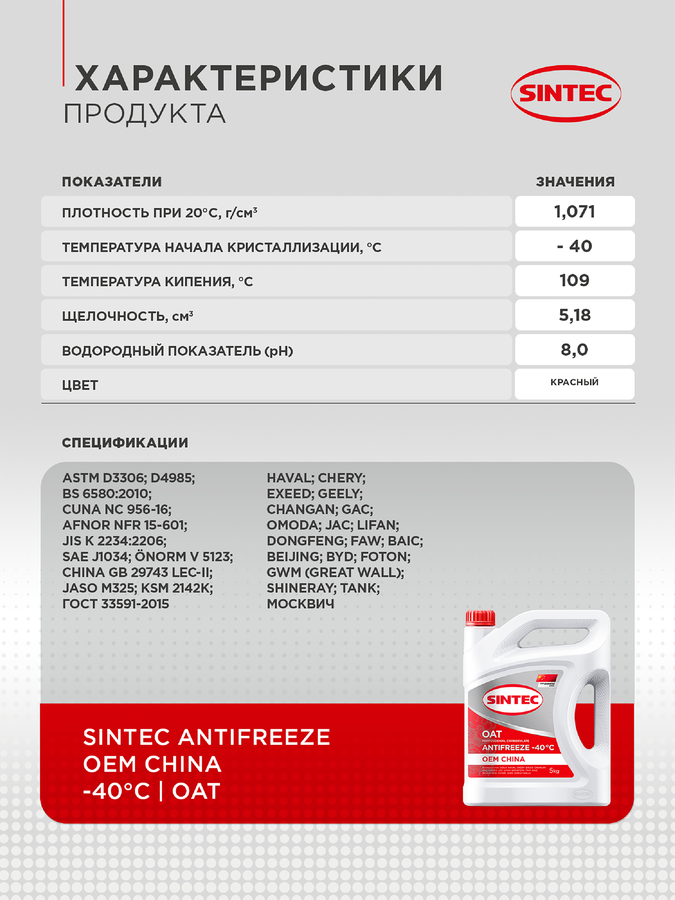 Антифриз SINTEC Oem China OAT red до -40, 5кг, предпросмотр