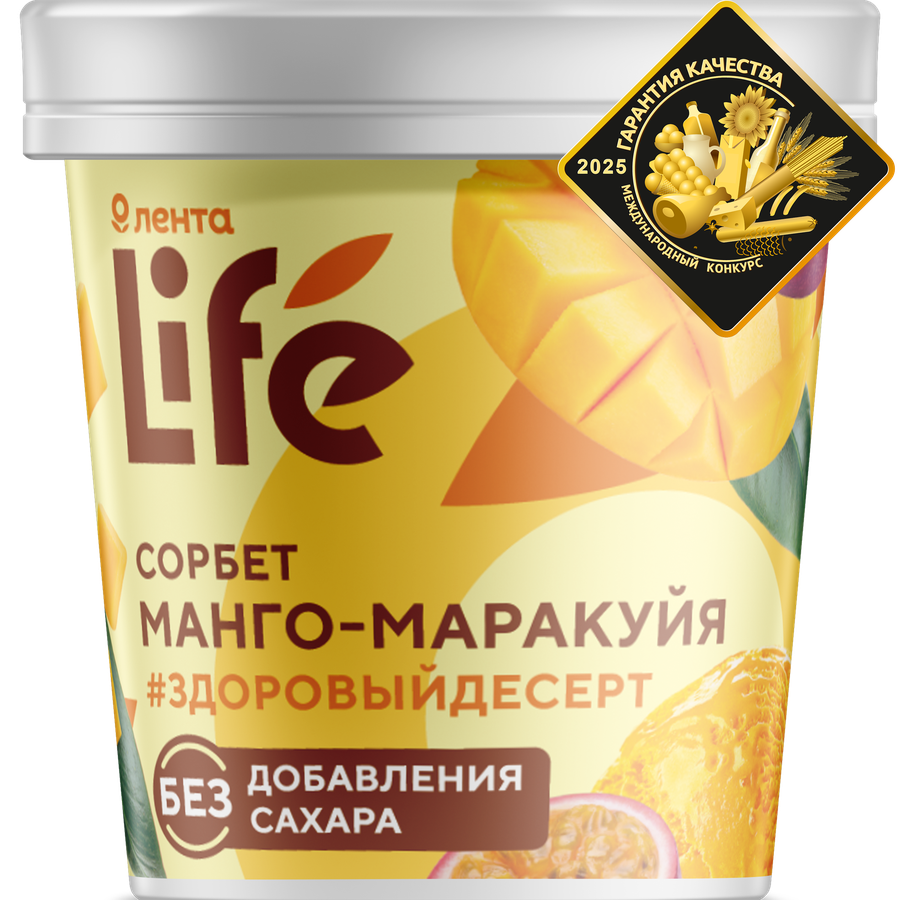 Десерт фруктовый взбитый ЛЕНТА LIFE Сорбет Манго-маракуйя, без сахара, пластиковый стаканчик, 80г, предпросмотр