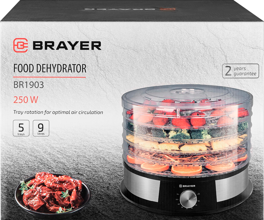 Сушилка для овощей BRAYER 250Вт 9л, температура 36–70 градусов, 9л, Арт. BR1903, предпросмотр