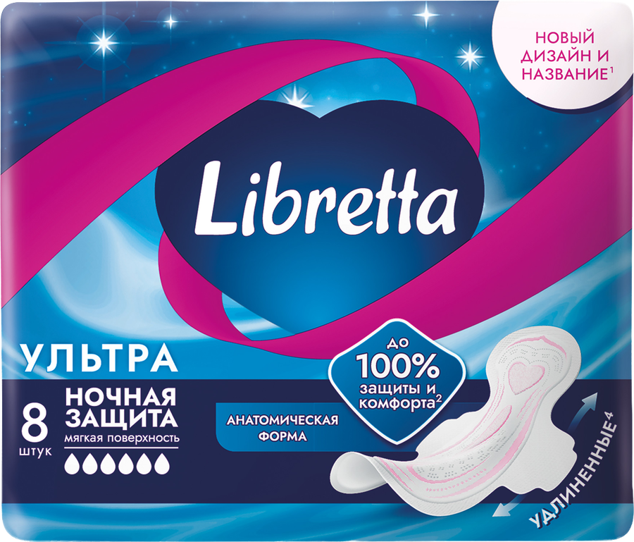Прокладки гигиенические LIBRETTA Ультра ночные с мягкой поверхностью, 8шт, превью