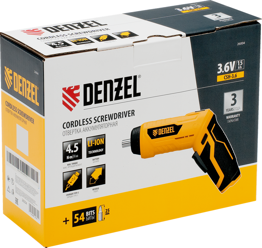Отвертка аккумуляторная DENZEL CSH-3.6 54 биты Li-Ion 3,6В, Арт. 26004, превью