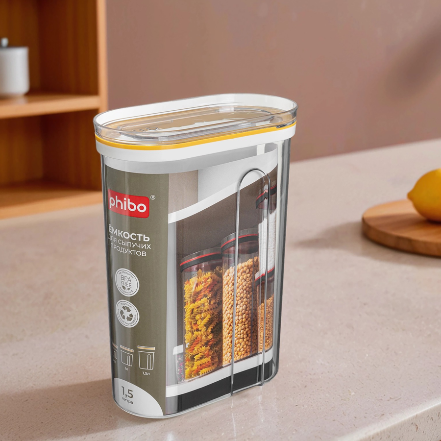 Емкость для сыпучих продуктов PHIBO с крышкой-слайдером, 1.5л, предпросмотр