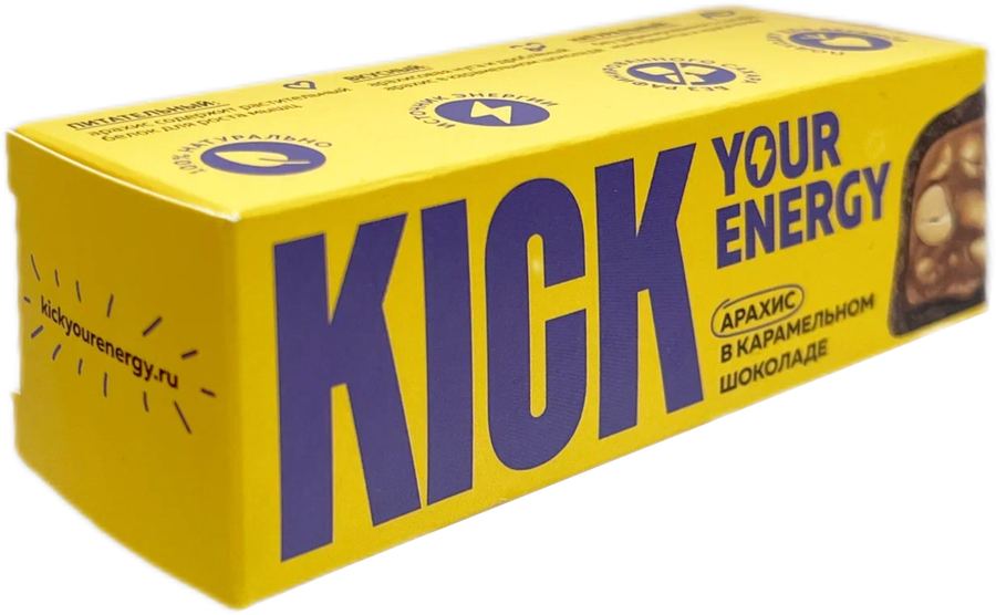 Батончик арахисовый KICK Your Energy, в карамельном шоколаде, без сахара, 45г, предпросмотр