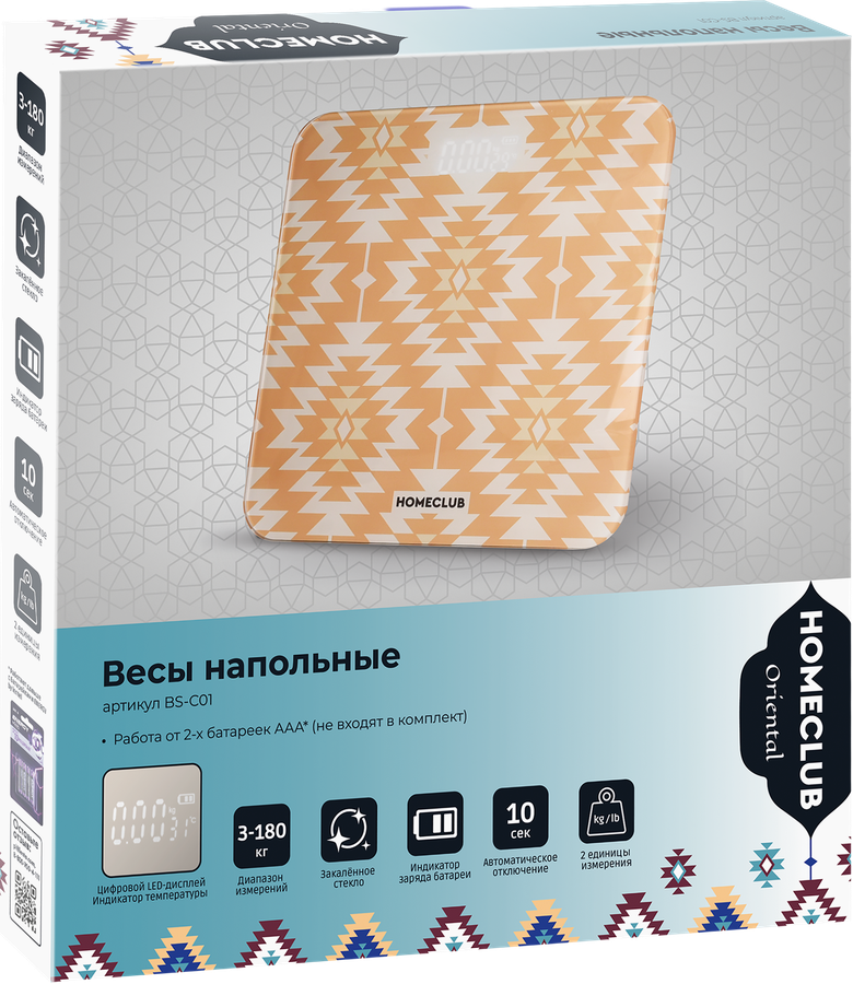Весы напольные HOMECLUB Oriental, 2xAAA, 3–180кг, LED-дисплей, Арт. BS-C01, превью