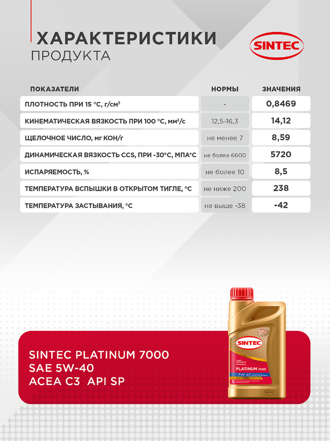 Масло моторное SINTEC Platinum 7000 5W-40 C3 SP, 1л, превью