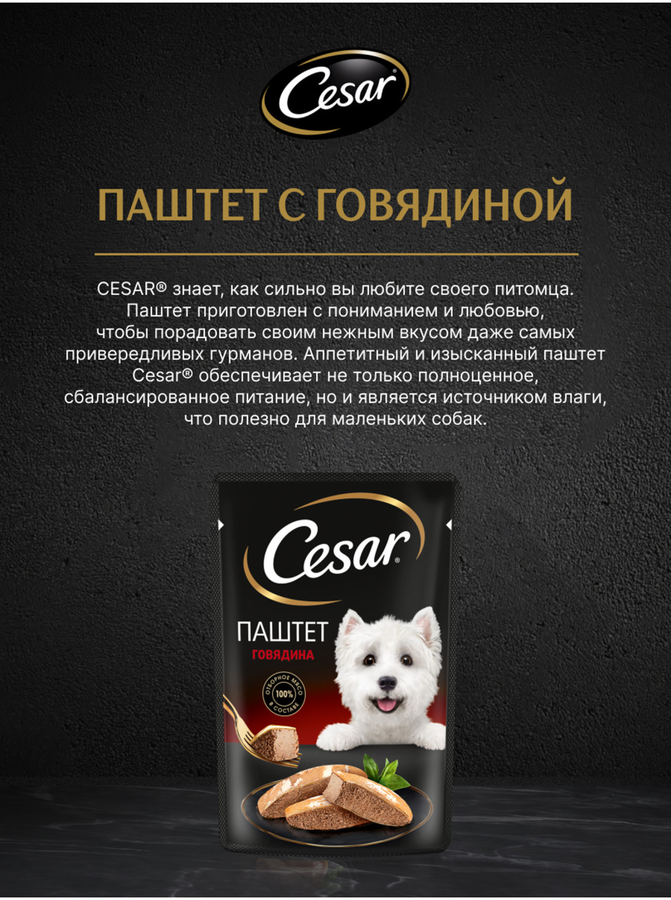 Корм влажный для взрослых собак CESAR Паштет с говядиной, 80г, предпросмотр
