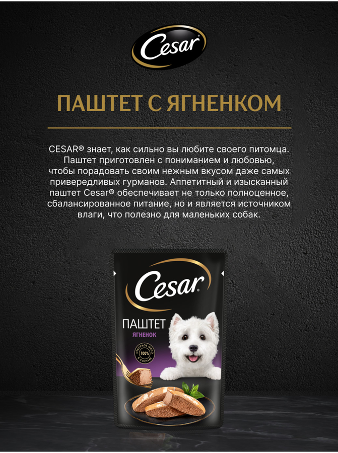 Корм влажный для взрослых собак CESAR Паштет с ягненком, 80г, предпросмотр