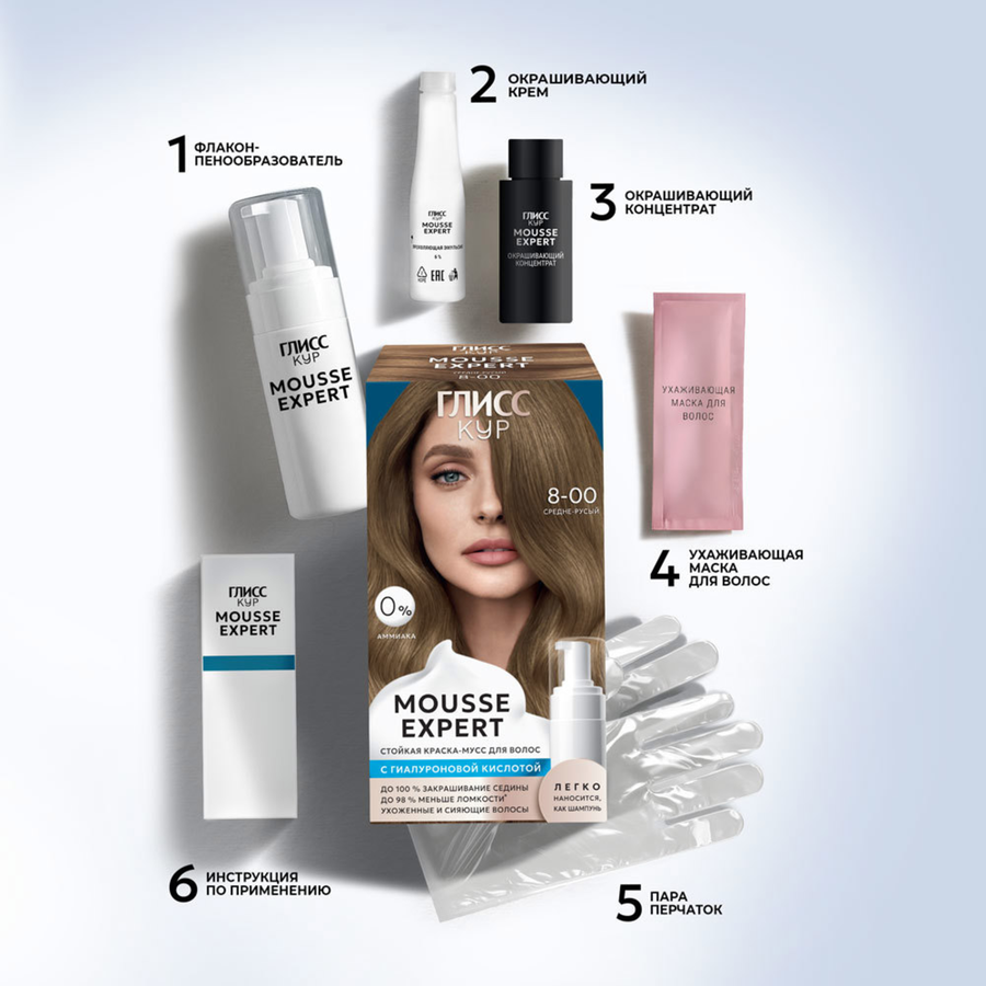 Краска стойкая ГЛИСС КУР Мусс 8-00 Средне-русый, 186г, предпросмотр