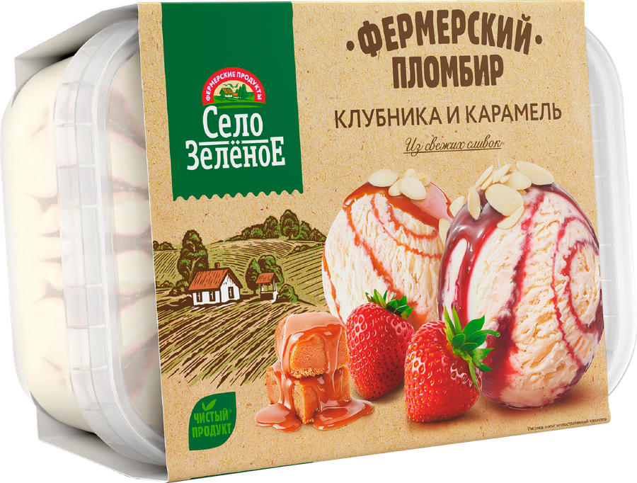 Мороженое СЕЛО ЗЕЛЁНОЕ Клубника и карамель, пломбир ванильный с карамельным сиропом и пломбир с клубникой декорированный дробленым миндалем 15%, без змж, контейнер, 450г, превью