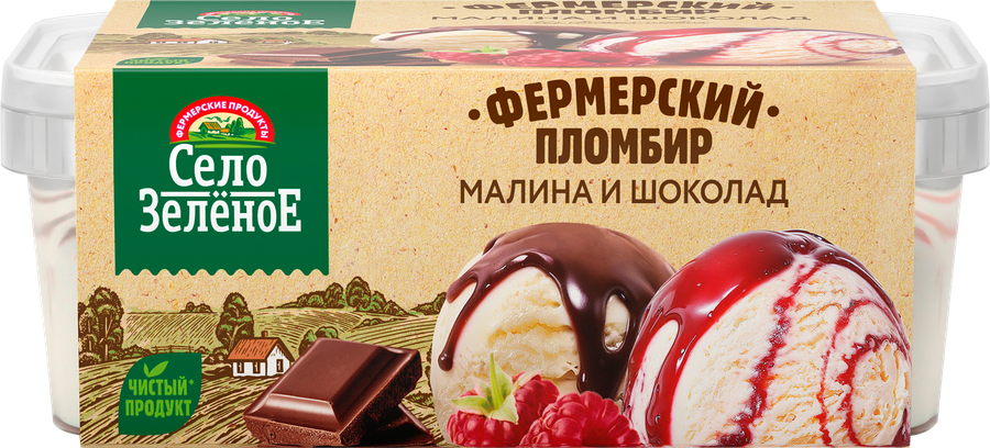 Мороженое СЕЛО ЗЕЛЁНОЕ Малина и шоколад, пломбир с шоколадным топингом и пломбир с малиной и малиновым топингом 15%, без змж, контейнер, 450г, превью