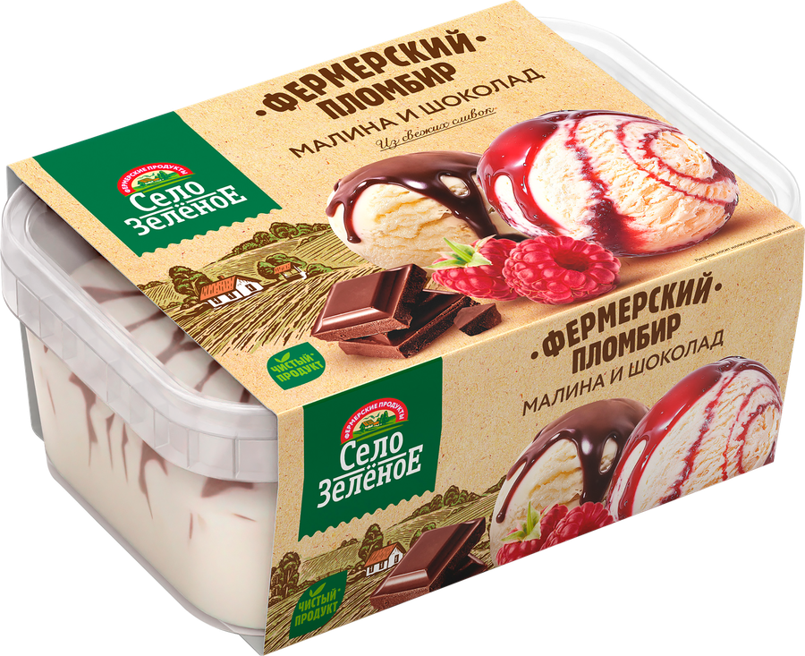 Мороженое СЕЛО ЗЕЛЁНОЕ Малина и шоколад, пломбир с шоколадным топингом и пломбир с малиной и малиновым топингом 15%, без змж, контейнер, 450г, предпросмотр