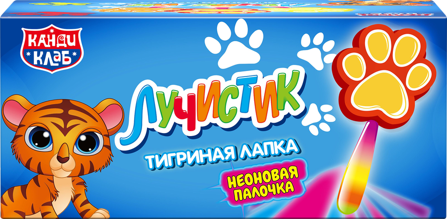 Карамель на палочке КАНДИ КЛАБ Лучистик Тигриная лапка со вкусом тутти-фрутти, клубники и апельсина, 10г, превью