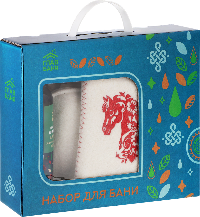 Набор для бани и сауны ГЛАВБАНЯ Красный конь, шапка, рукавица, коврик, мочалка, настой и масло, Арт. Б32325Л, превью