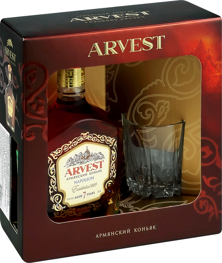 Коньяк ARVEST Napoleon Армянский марочный выдержанный КВ 7 лет 40%, с бокалом, п/у, 0.5л, предпросмотр