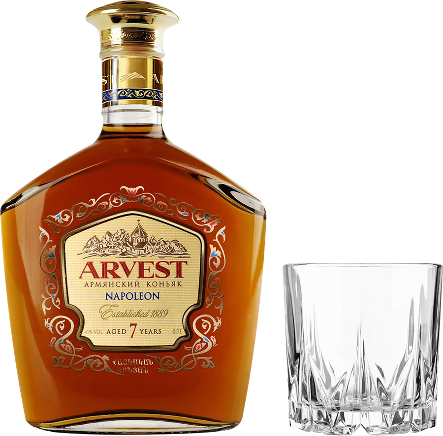 Коньяк ARVEST Napoleon Армянский марочный выдержанный КВ 7 лет 40%, с бокалом, п/у, 0.5л, превью