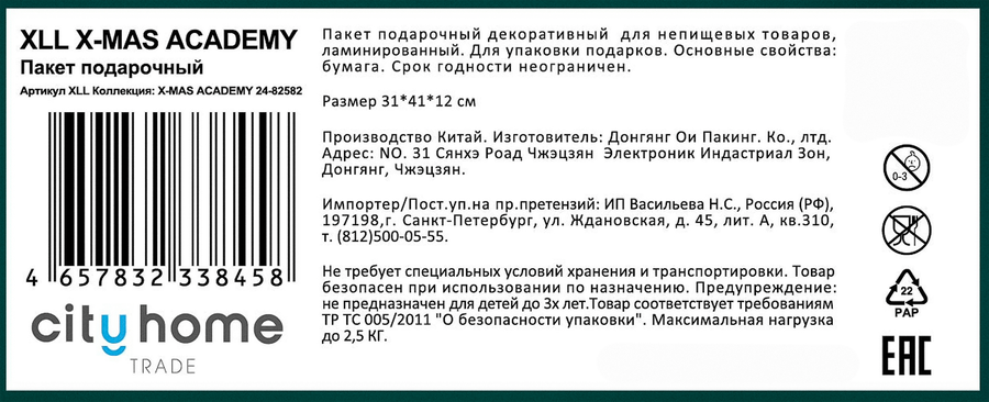 Пакет подарочный CITY HOME TRADE X-Mas Academy 41х31х12см, превью
