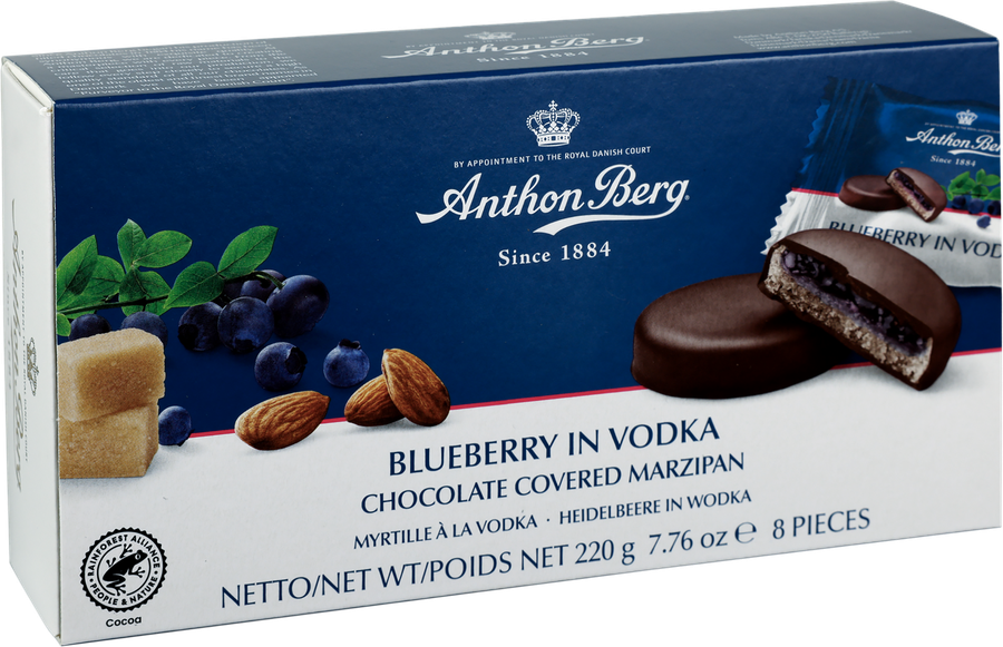 Конфеты шоколадные ANTHON BERG голубика с водкой, с марципаном, 220г, предпросмотр