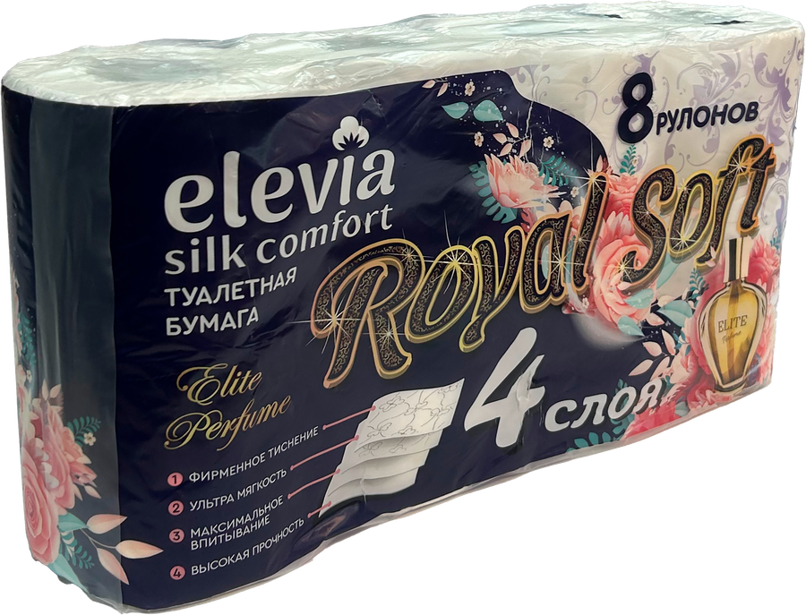 Бумага туалетная ELEVIA Royal Perfume белая с перфорацией и тиснением 4-слоя, 8шт, предпросмотр