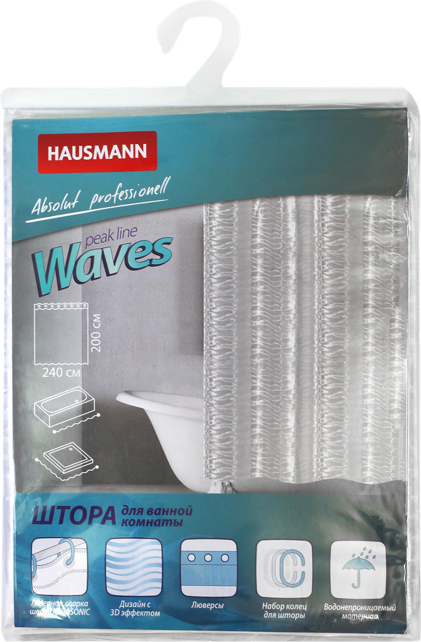 Штора для ванной HAUSMANN Waves Squares 200x240см, в ассортименте, превью