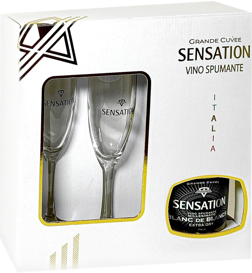 Вино игристое SENSATION Блан де Блан белое брют + 2 бокала, 0.75л, предпросмотр