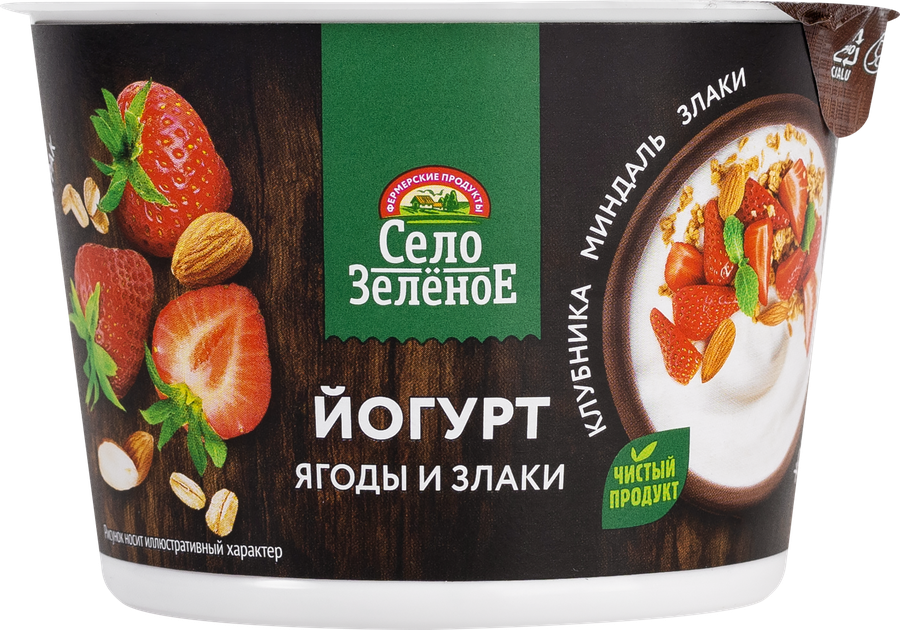 Йогурт СЕЛО ЗЕЛЕНОЕ Клубника, миндаль, злаки 3,2%, без змж, 180г, предпросмотр
