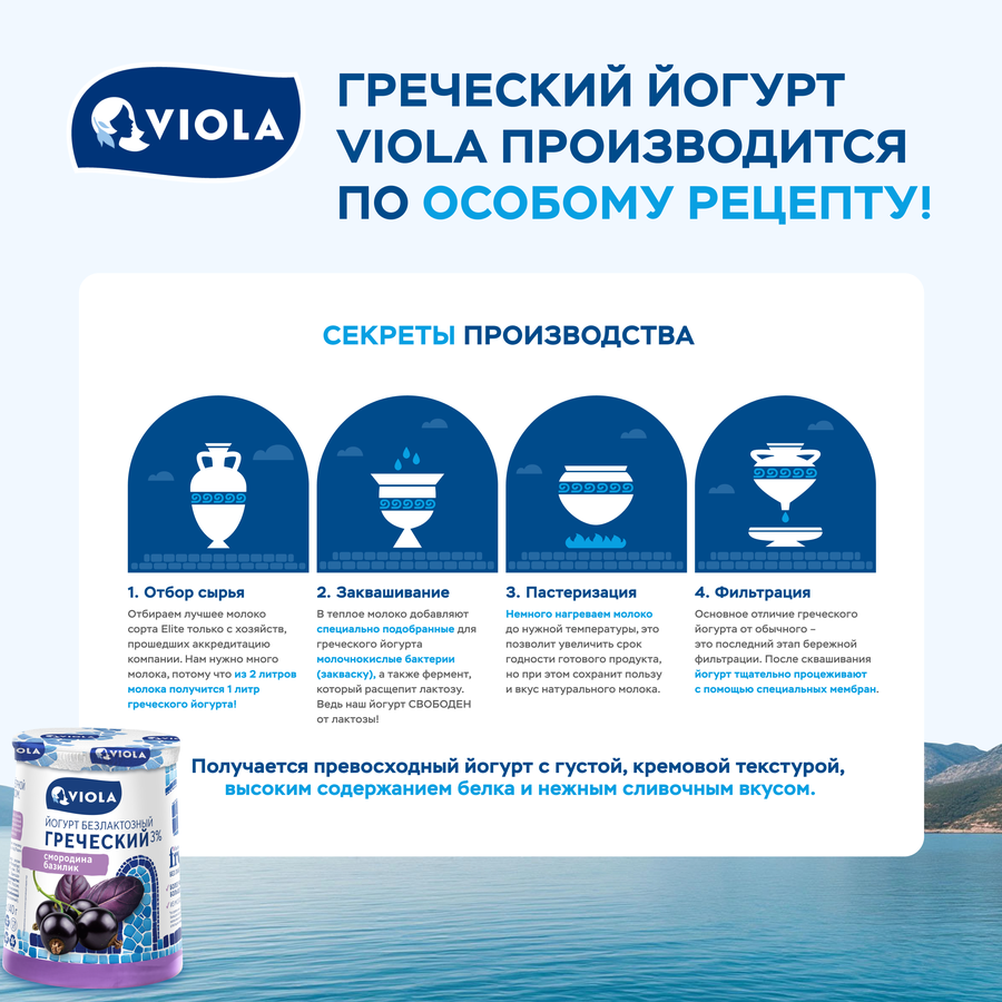 Йогурт VIOLA Free Греческий безлактозный с черной смородиной и базиликом 3%, без змж, 140г, предпросмотр